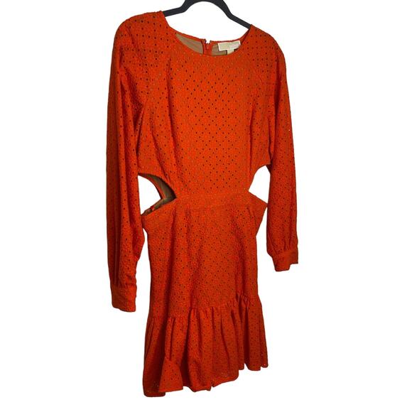 MICHAEL Michael Kors Eyelet Voile Side Cut-Out Mini Dress Long Sleeve Orange 12 - Picture 4 of 6